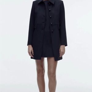 Zara Navy Blue Luxury Lapel Collar Long Sleeves Short Pocket Coat Size Large